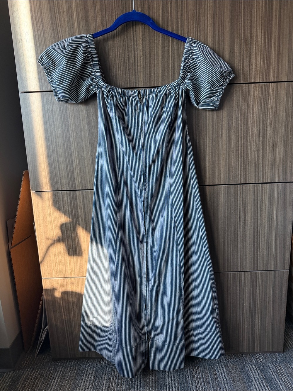 Apiece Apart Blue and White Striped Puff-Sleeve Denim Dress